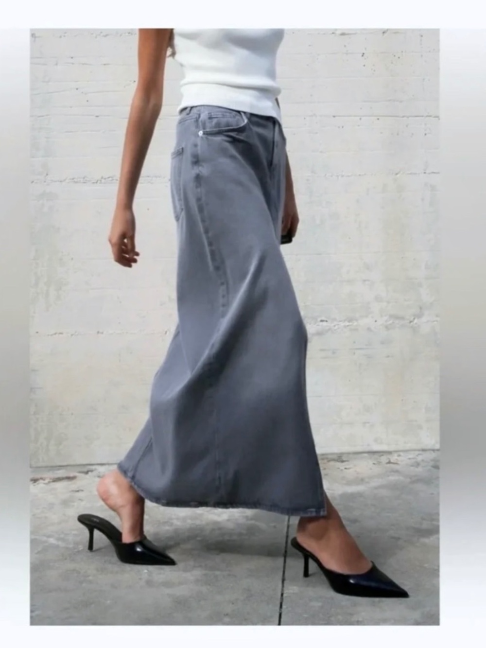 ZARA Z1975 SLIT DENIM MIDI SKIRT GRAY Size L